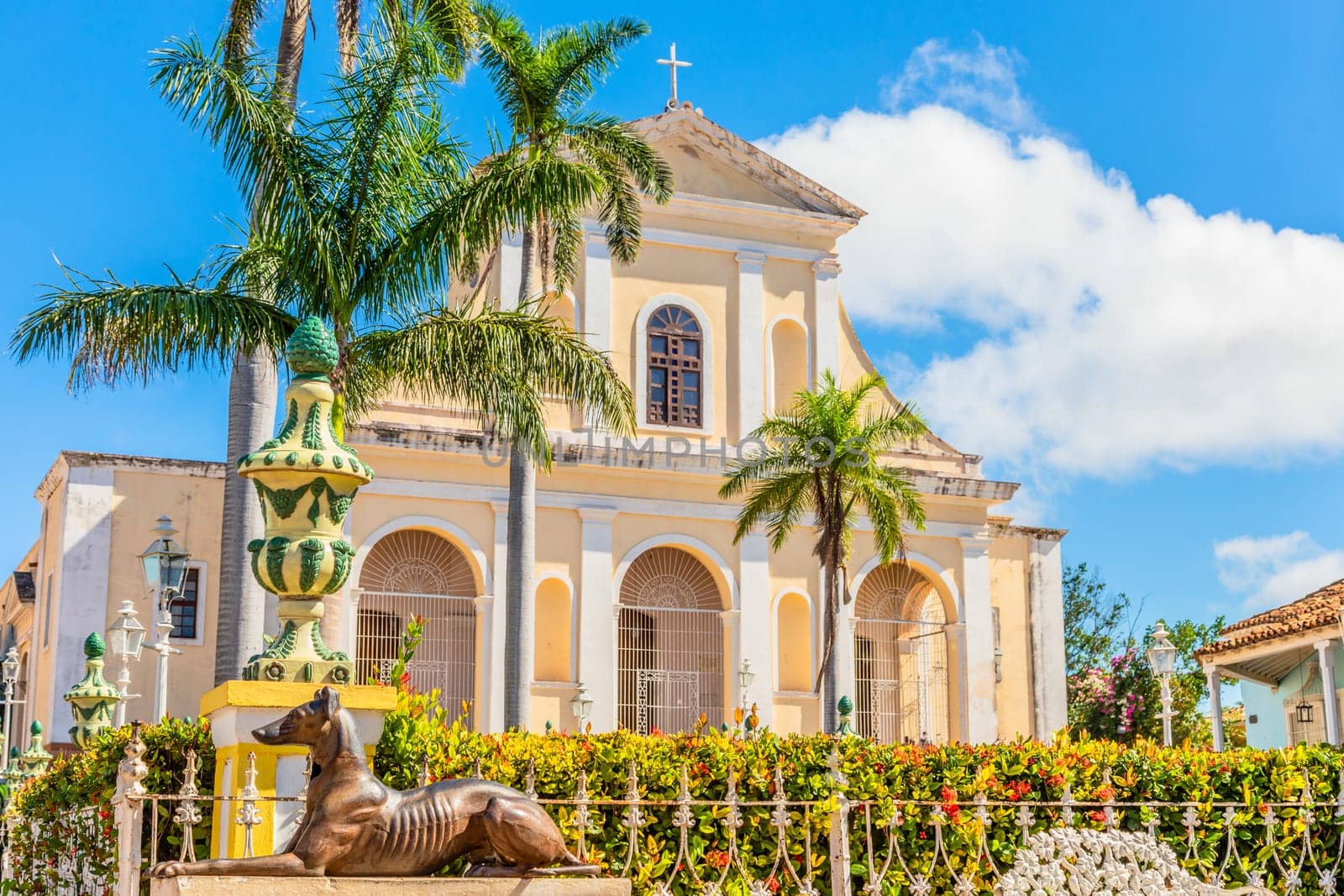 Trinidad central square with palms and Church of the Holy Trinity cathedral, Trinidad, Cuba