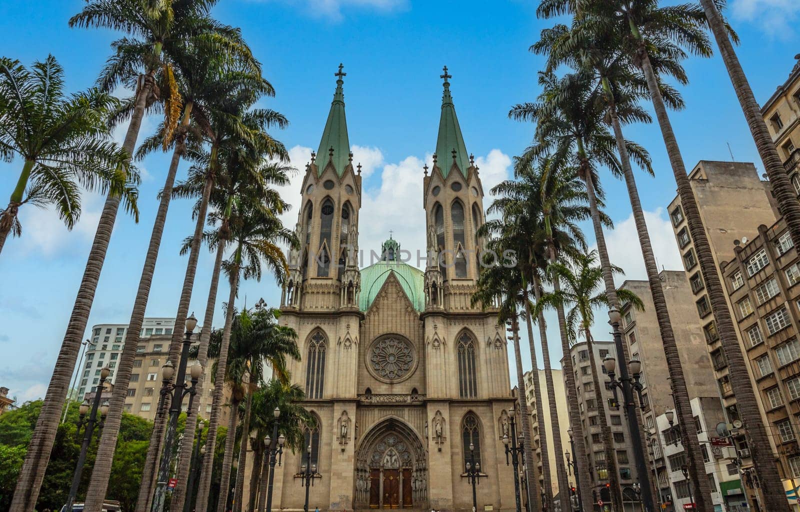 Sao Paulo Cathedral with palms and surrounding buildings, Sao Paulo, Brazil