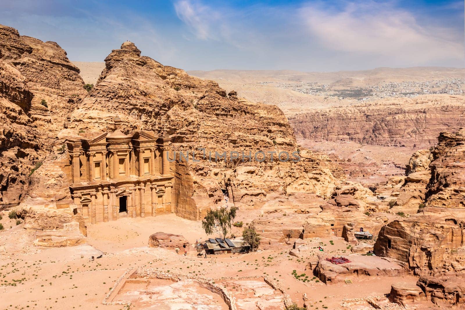 Ad Deir or The Monastery, ancient Nabataean stone carved temple view from above, Petra, Jordan