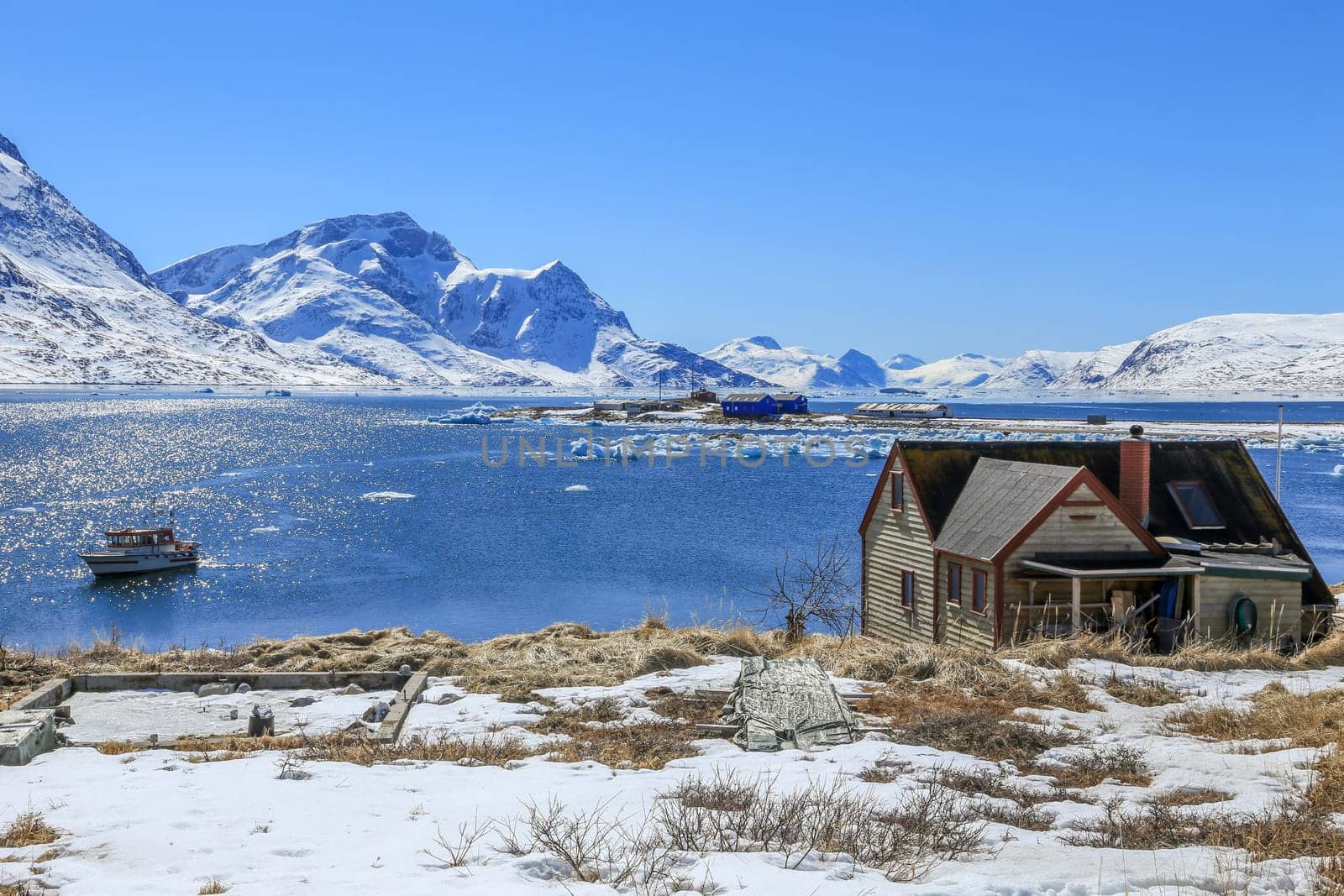 View to the fjord from Qoornoq - former fishermen village, nowdays summer residence in the middle of Nuuk fjord, Greenland