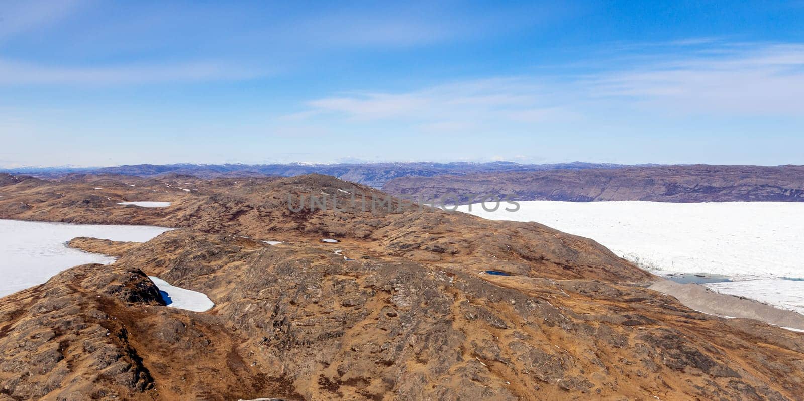 Greenlandic tundra landscape with  ice cap melting, aerial view, near Kangerlussuaq, Greenland