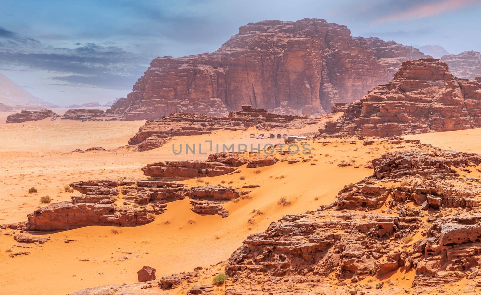 Red sands, mountains and marthian landscape of Wadi Rum desert, Jordan