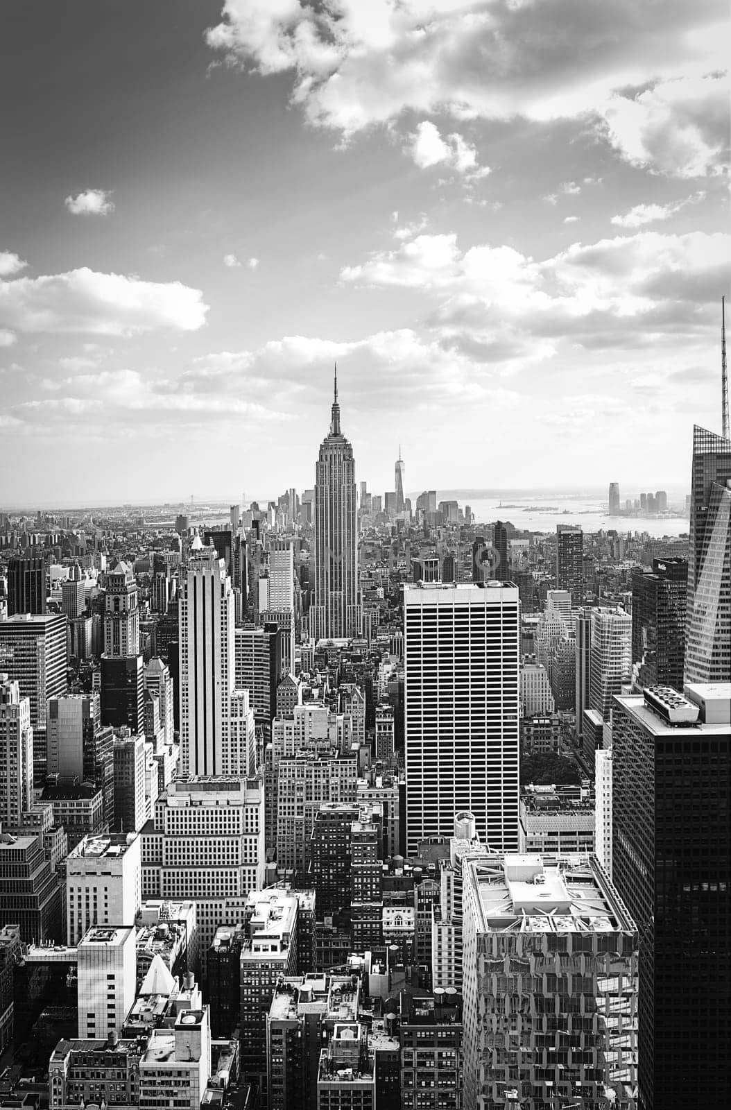New York City skyline with urban skyscrapers at sunset, USA.