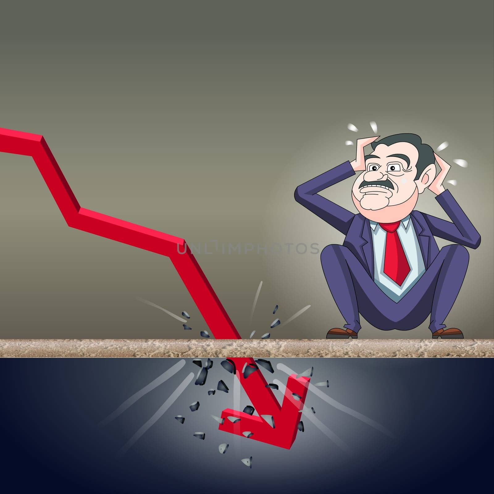 Stock Market Crash - business Man - Graph going down -  Red line graph