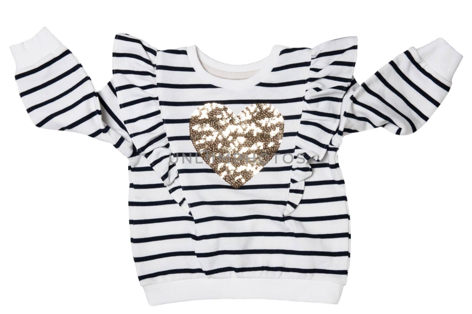 Spring and autumn children clothes. Close-up of a stylish beautiful black and white striped little girl sweater or pullover with a heart isolated on a white background. Kids winter or summer fashion.