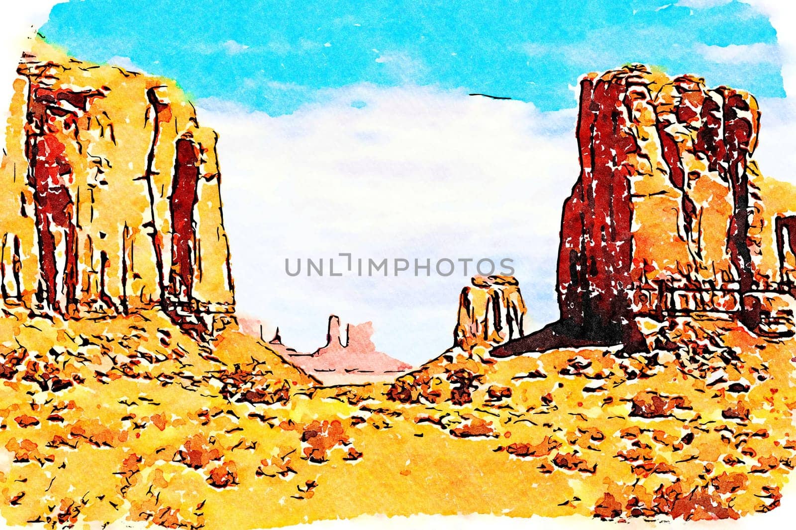 Creative illustration in vintage watercolor design - Monument Valley in USA, red panorama with blue sky