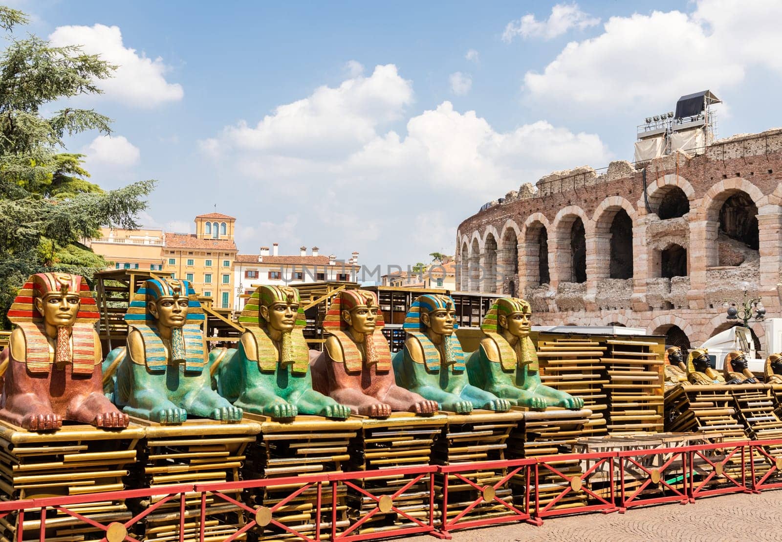 Verona, Italy - June 2022: preparing the stage for the thetre performance in the famous Arena di Verona - Aida spectacle