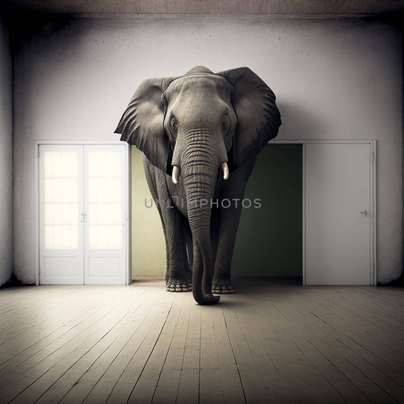 Big elephant standing in an empty room, animal concept, metaphorical idiom for important or enormous topic, illustration, generative ai