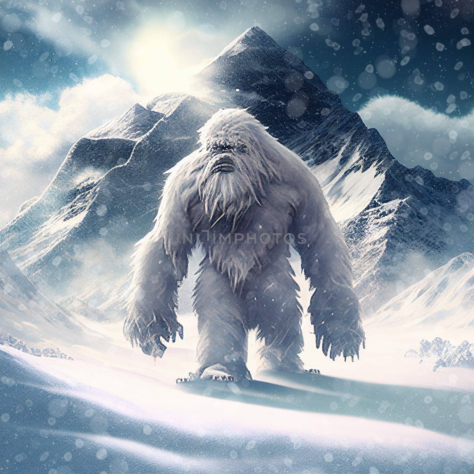 Yeti in the snow covered Himalaya mountains, mysterious furry creature walking in the frozen nature, Illustration, gernative ai
