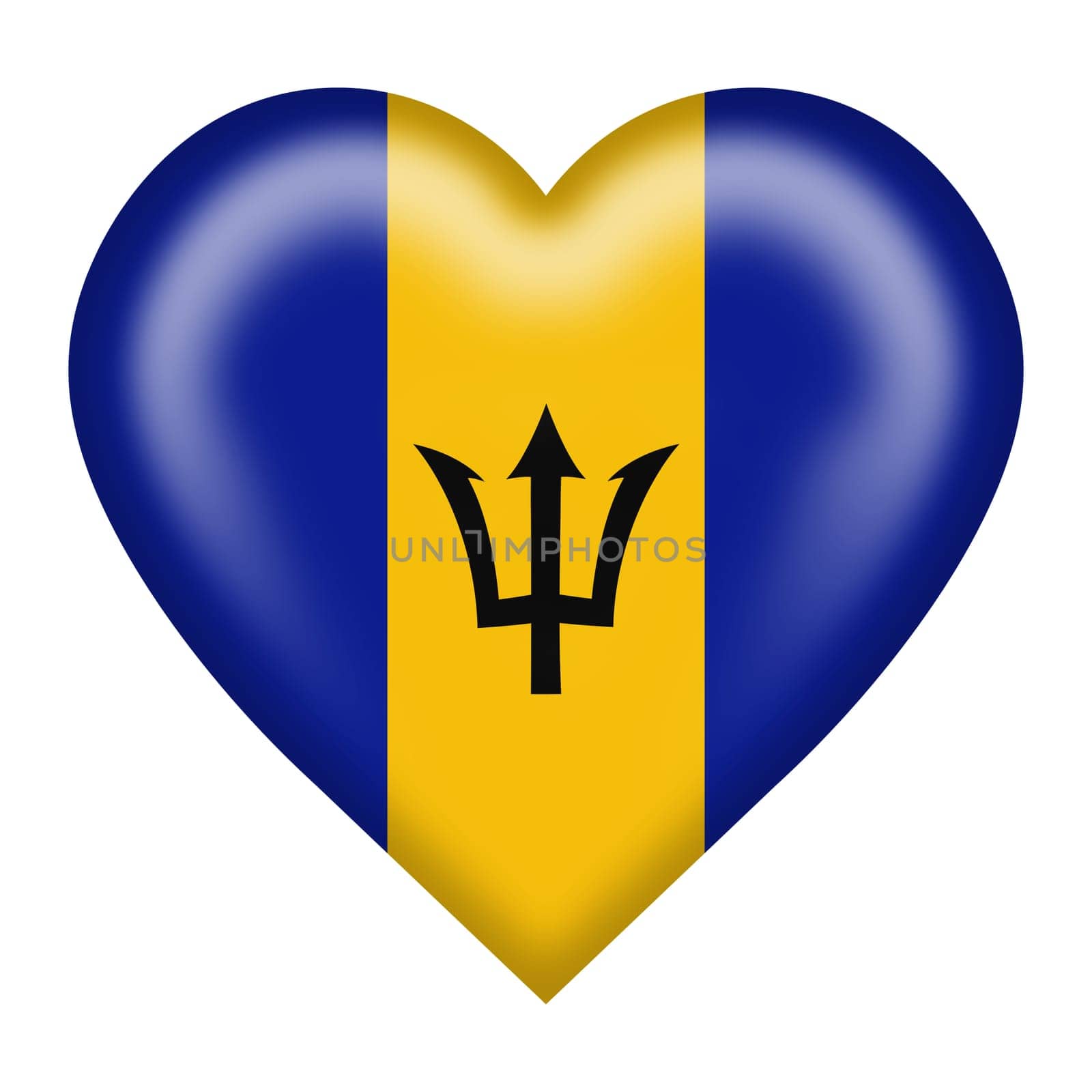A Barbados flag heart button 3d illustration isolated on white with clipping path