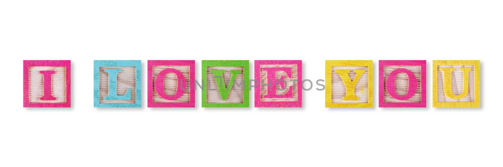 An I love you concept with childs wood blocks on white with clipping path to remove shadow
