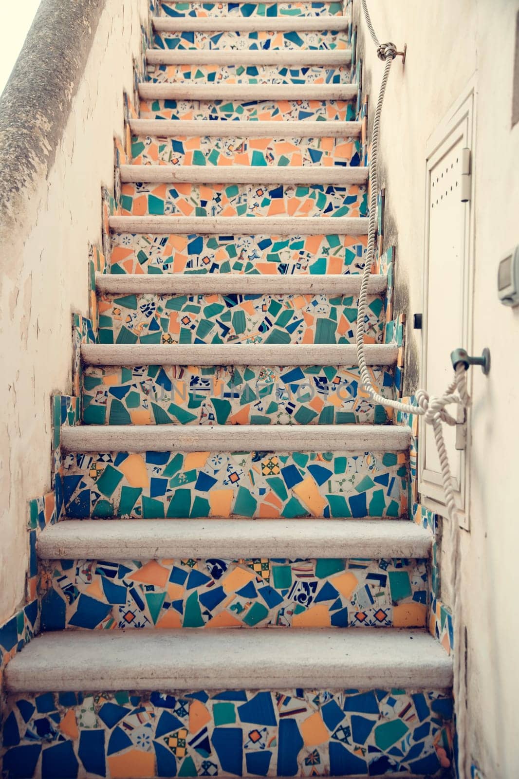 Multicolored Tiles on Steps in a Stairway