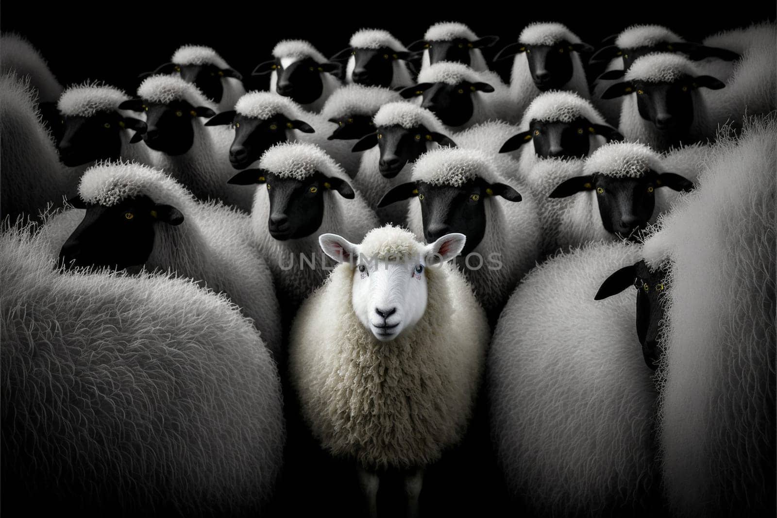 White sheep among a flock of black ones standing out form the rest