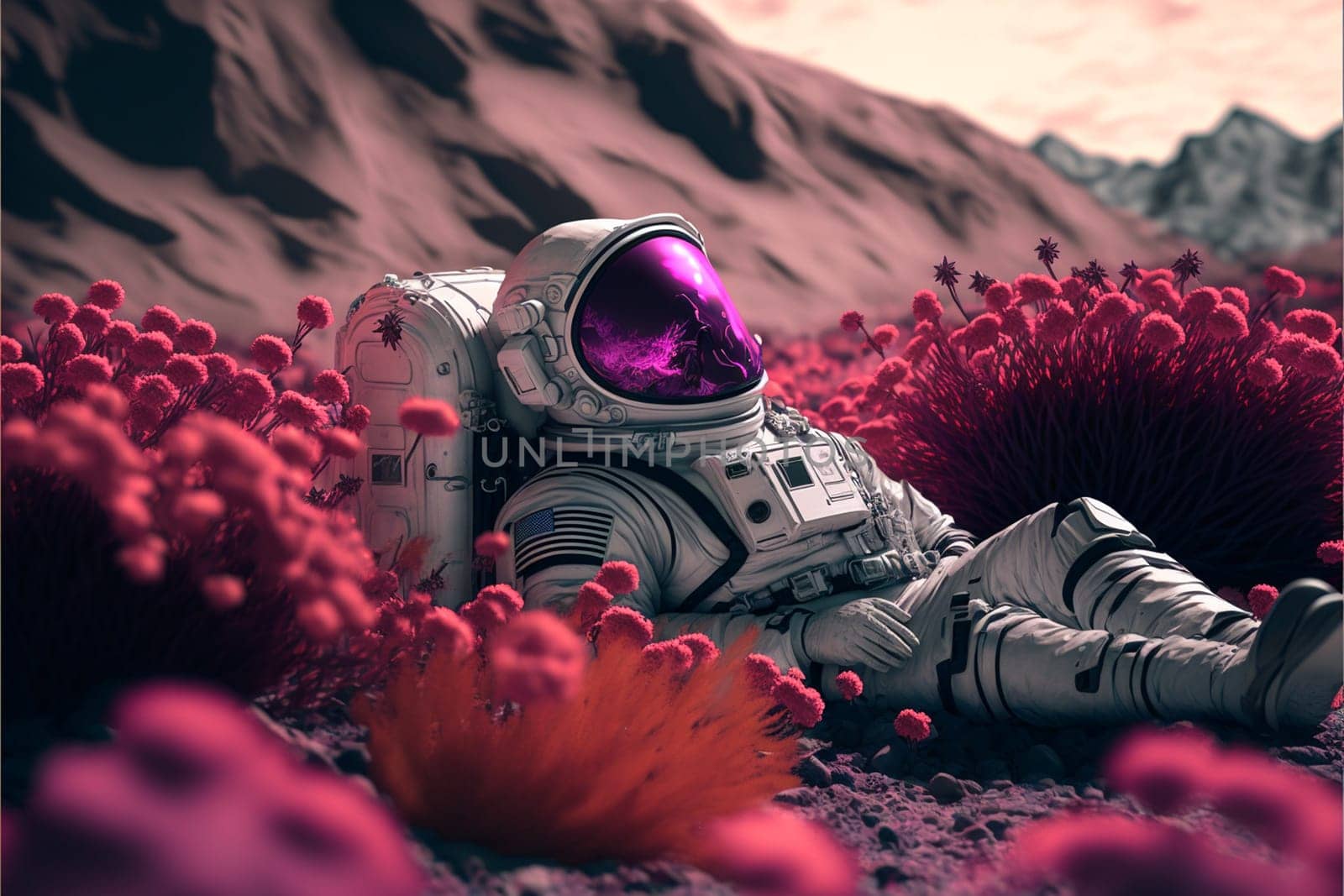 Astronaut on beautiful pink planet with lush vegetation and flowers, digital art