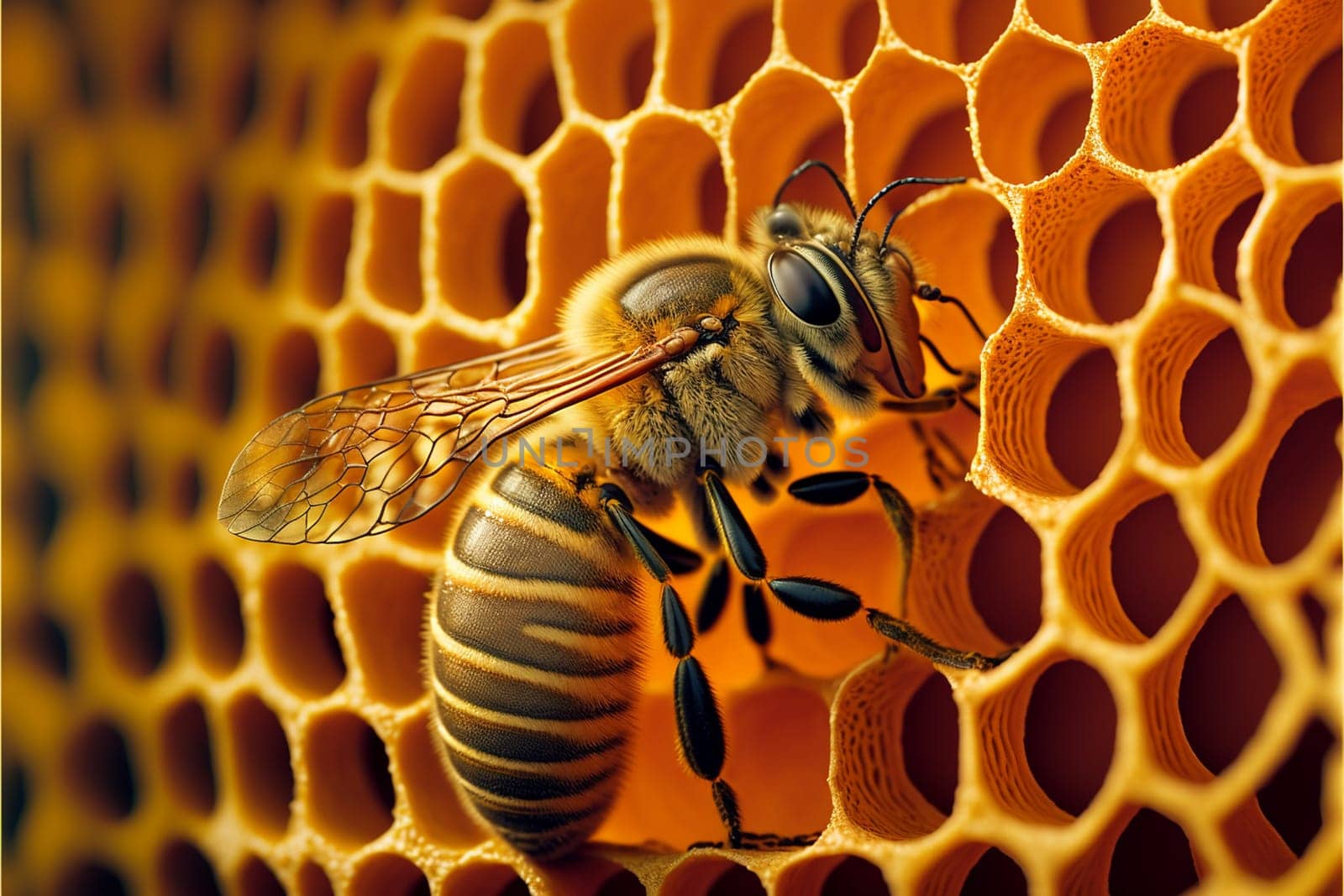 Close up on a honeycomb with bee