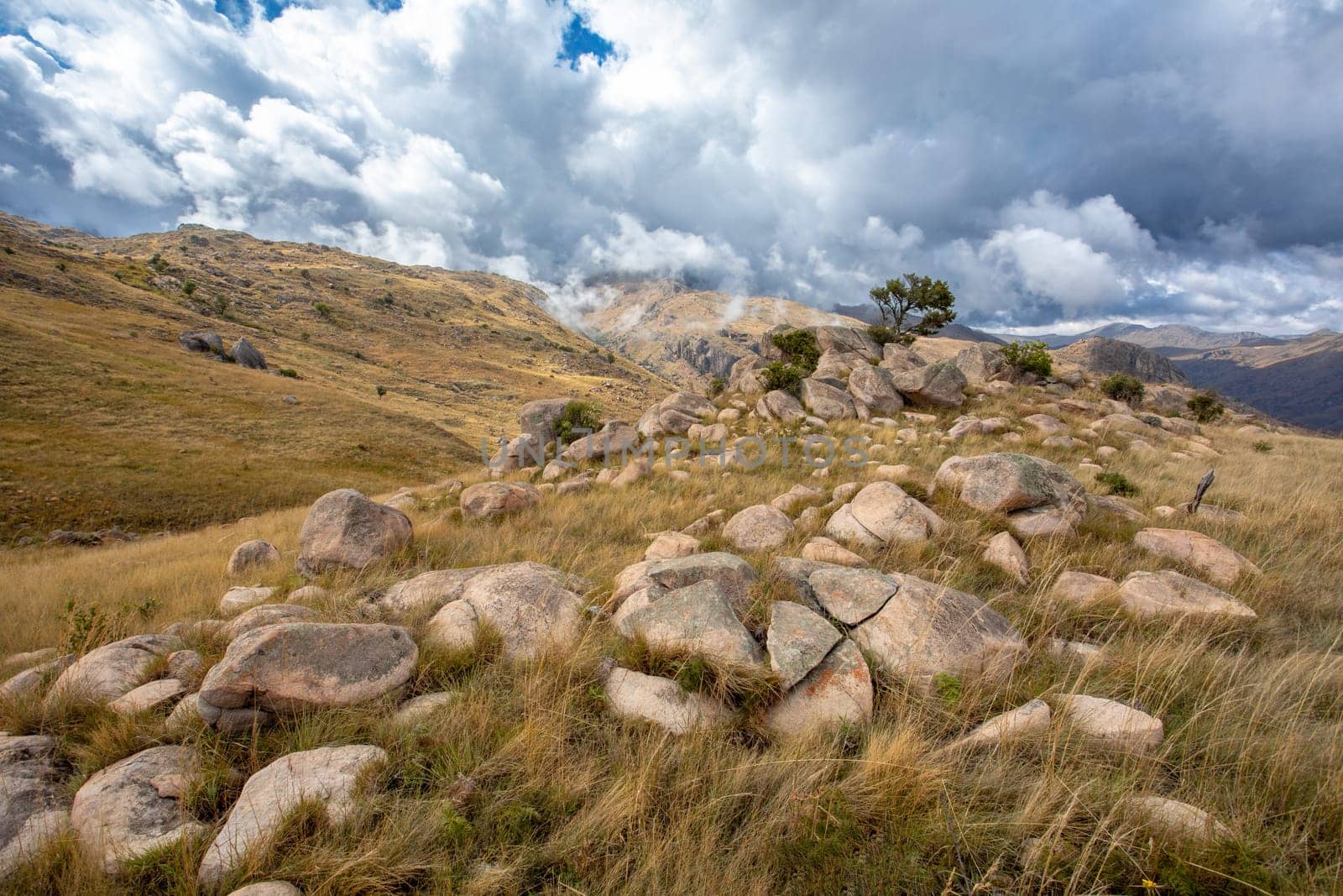 Andringitra national park, Haute Matsiatra region, Madagascar, beautiful mountain landscape. Hiking in Andringitra mountains. Sunny day with clear view. Madagascar wilderness landscape.