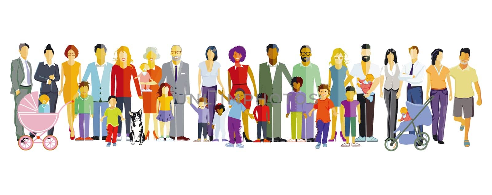 different parents with babies and children, families groups isolated on white Illustration