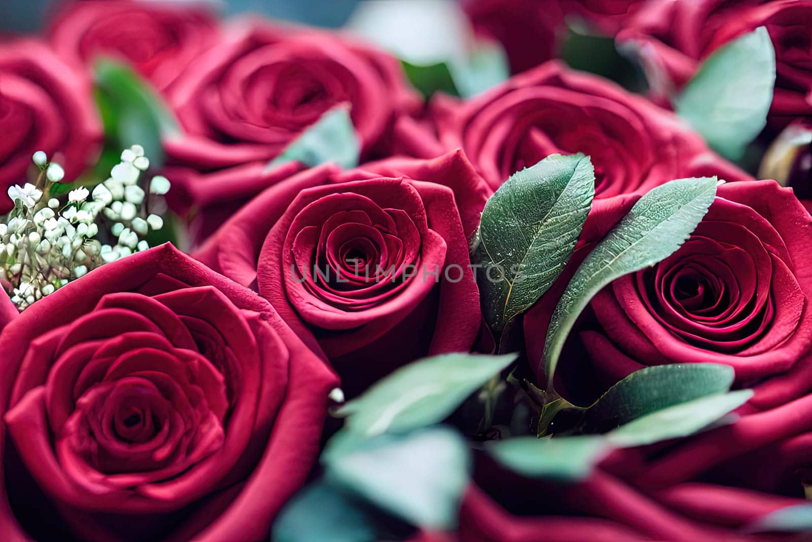 This artwork showcases the beauty of red roses, surrounded by lush green leaves. The intricate details and vibrant colors bring life to the image. The image is generated with the use of an AI.