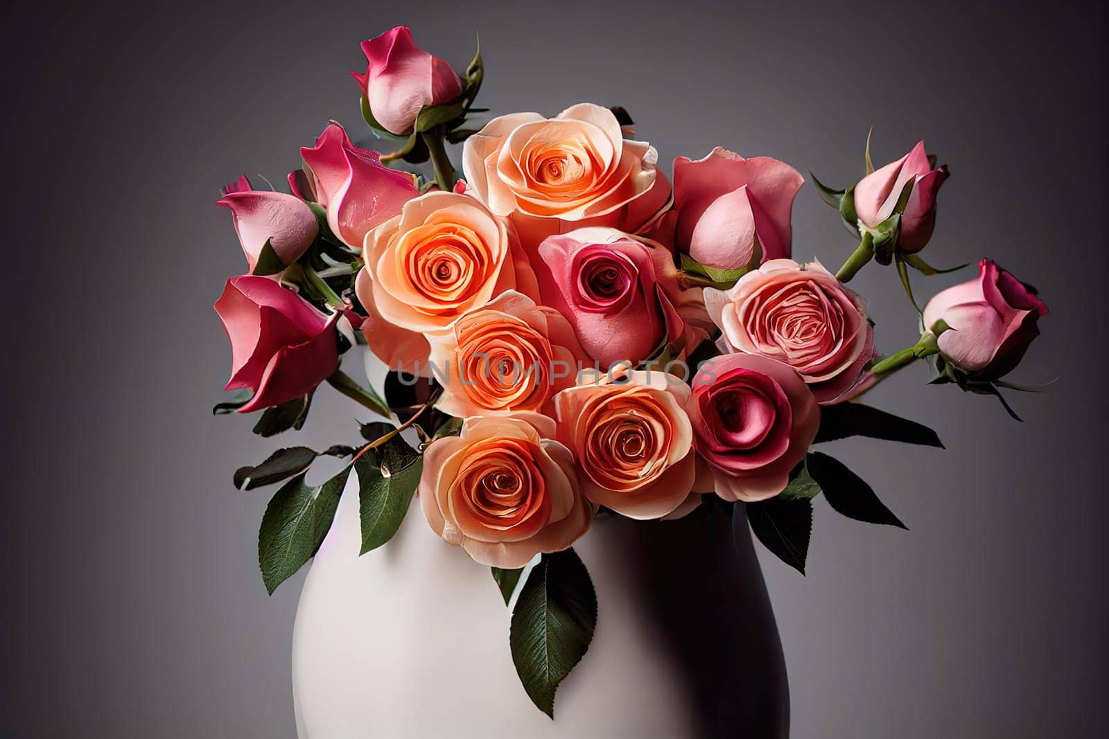 A stunning painting that depicts an elegant vase filled with the gorgeous combination of orange and pink roses. The delicate petals and intricate details of the flowers are captured with stunning realism. The image is generated with the use of an AI.