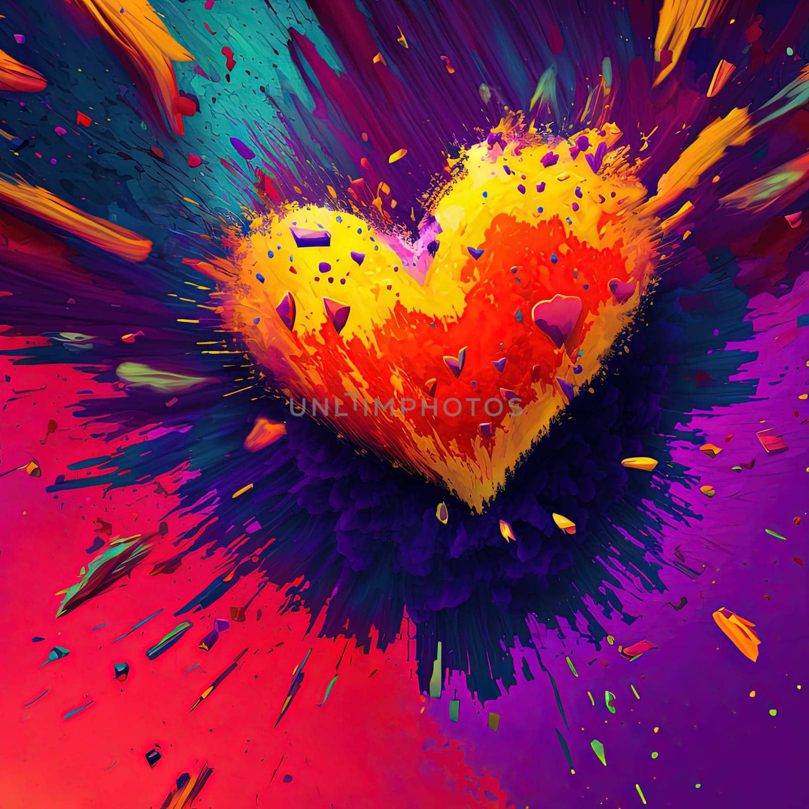 This warm and inviting painting captures the essence of love on Valentine's Day with a bold, red love heart set against a sunny yellow background. The contrast of colors creates a lively and romantic atmosphere, evoking feelings of love and passion. The image is generated with the use of an AI.