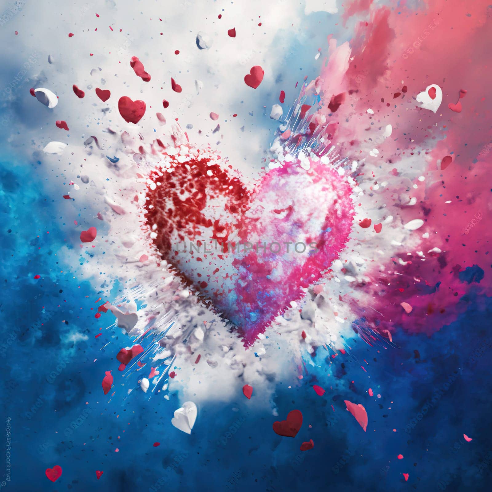 A dynamic representation of love and energy, the Explosive Pink, Blue, White Love Heart Fragments showcases the passion and power of love through a stunning explosion, with fragments of pink, blue, and white scattered throughout the image. The image is generated with the use of an AI.