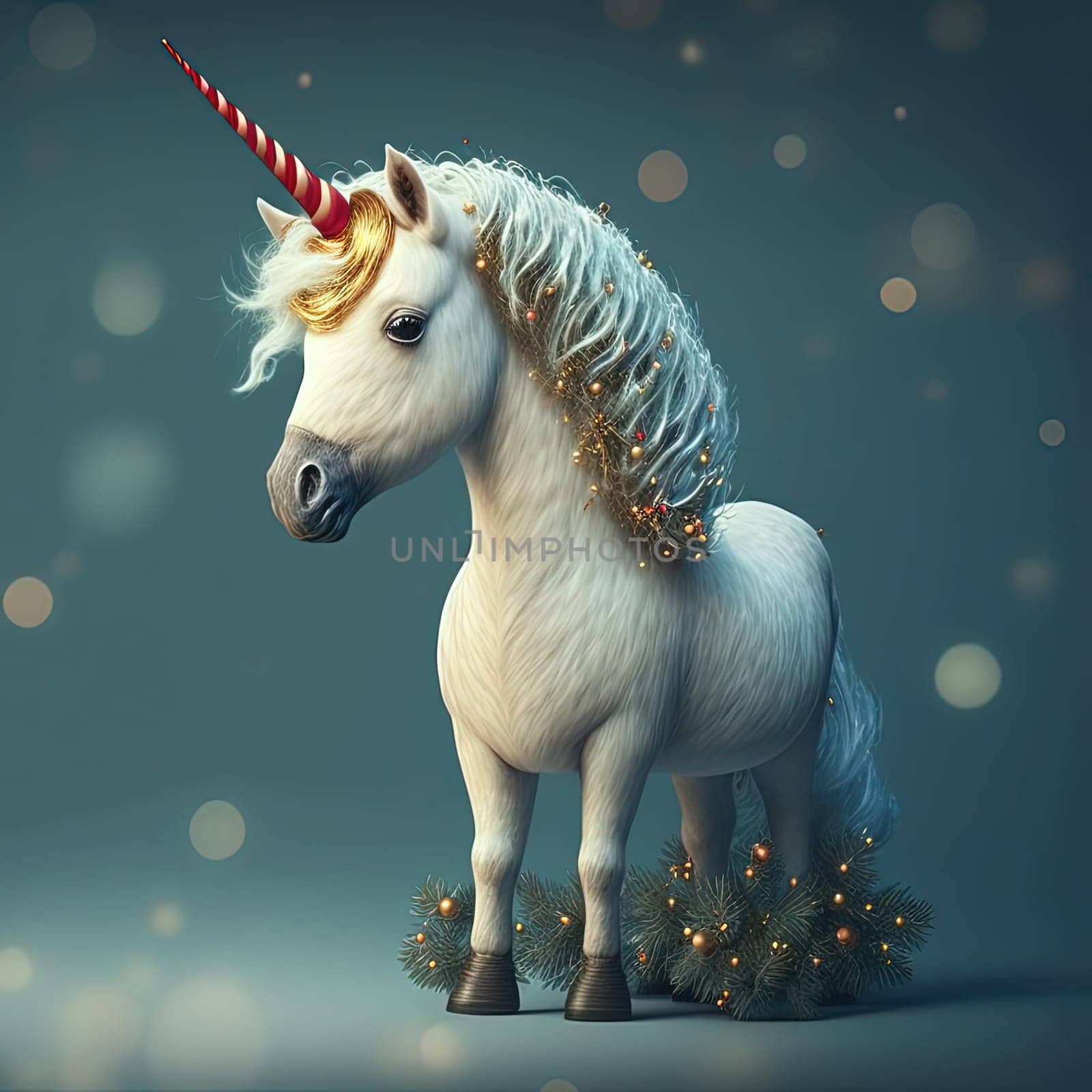 A breathtaking depiction of a majestic unicorn, standing tall on a dull grey background. The horse's golden horn and shimmering mane make it a truly magical creature, radiating an aura of mystery and beauty. The image is generated with the use of an AI.