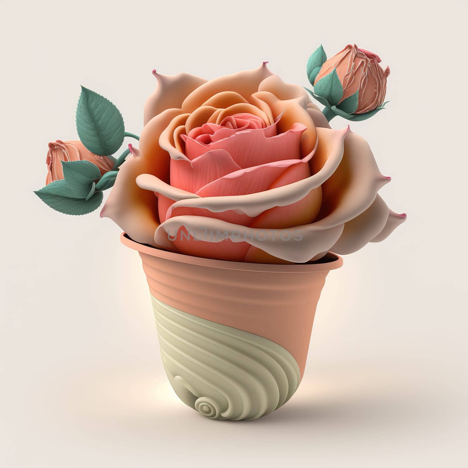 The painting depicts a beautifully detailed illustration of a French rose set against a neutral background. The image is generated with the use of an AI.