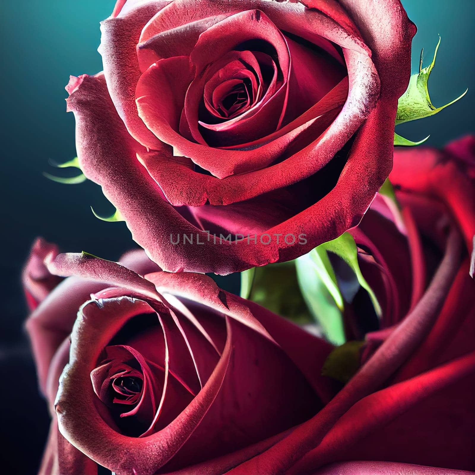 Vibrant red roses are the focal point of this stunning painting. The petals are full and lush, creating a sense of movement and energy. The image is generated with the use of an AI.