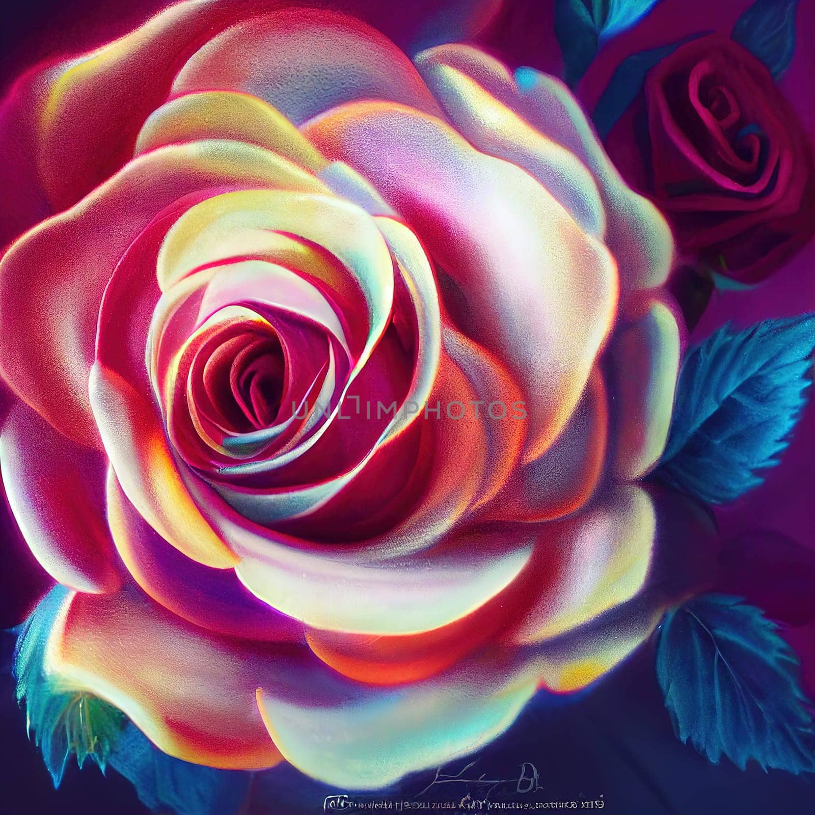 A delicate white-pink rose with striking blue petals stands out against a soft background. The image is generated with the use of an AI.
