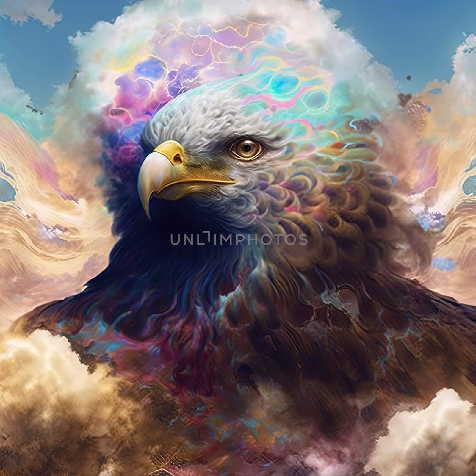 This majestic piece showcases the elegance and grace of an eagle as it soars over the cityscape. The intricate details of the bird's feathers and the breathtaking view of the skyline below make this a truly captivating piece. The image is generated with the use of an AI.