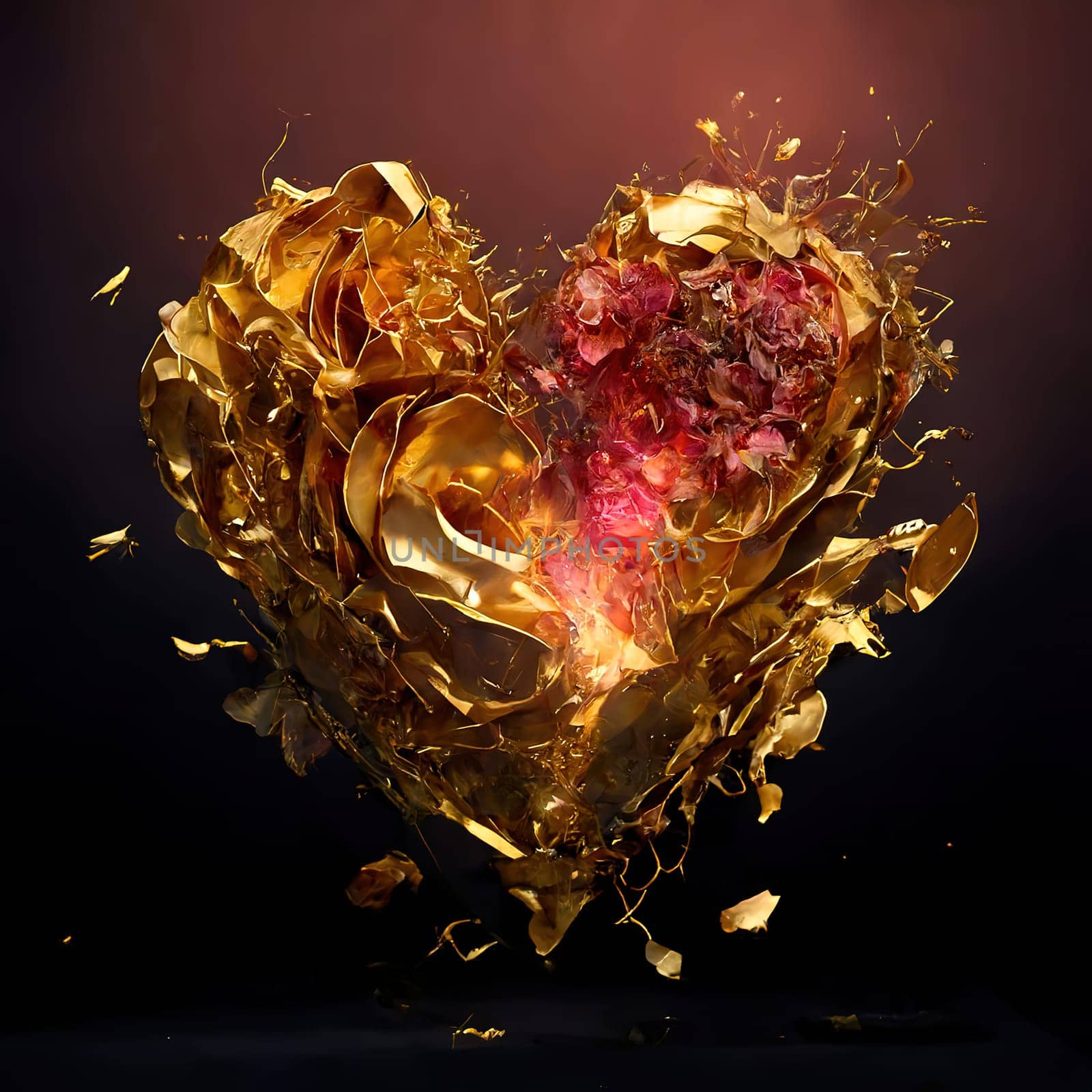 A luxurious display of love and beauty, the Golden Rose and Red Love Heart Bouquet features a stunning array of golden roses and a bold red love heart, creating a mesmerizing composition that exudes elegance and sophistication. The image is generated with the use of an AI.