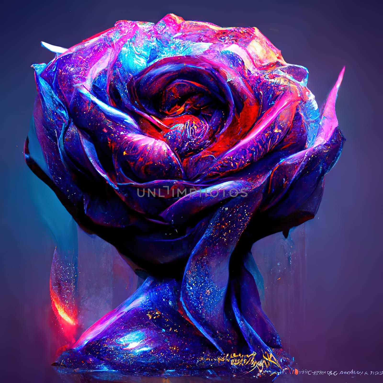 This digital art piece features a collection of rose images, highlighted in a striking blue neon glow against a dark background. The image is generated with the use of an AI.