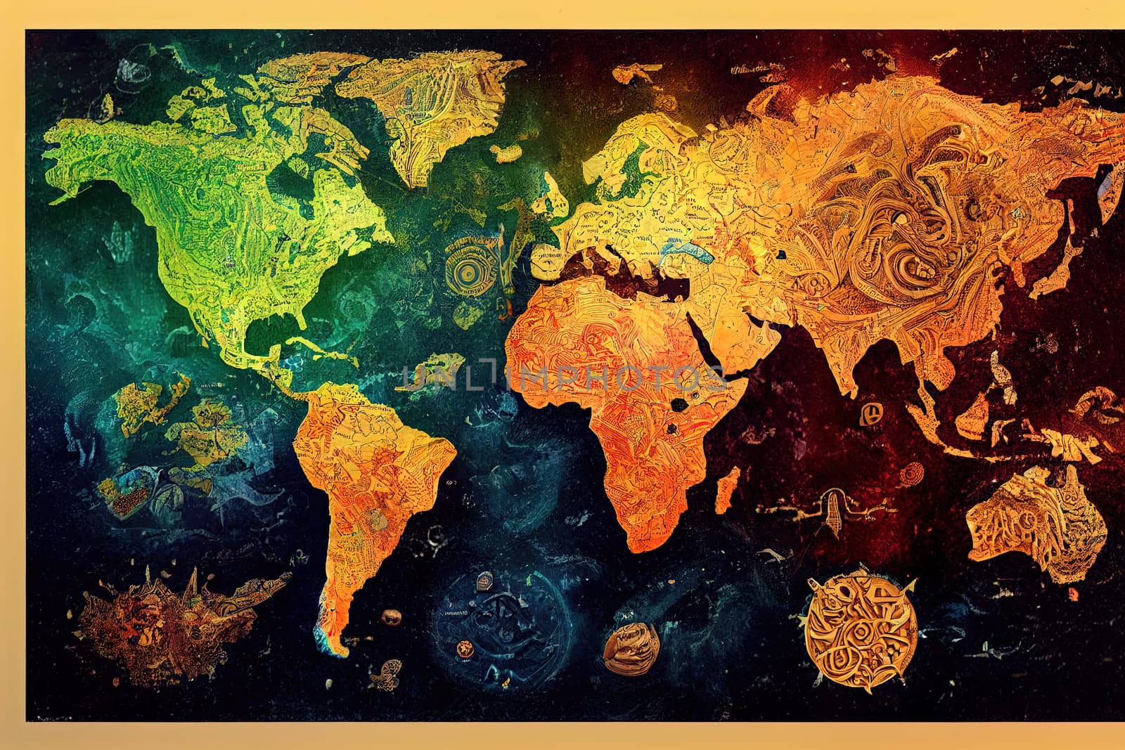This vibrant world map showcases a unique and colorful interpretation of our planet. The map's paper strips design adds an artistic touch to the traditional map. The image is generated with the use of an AI.
