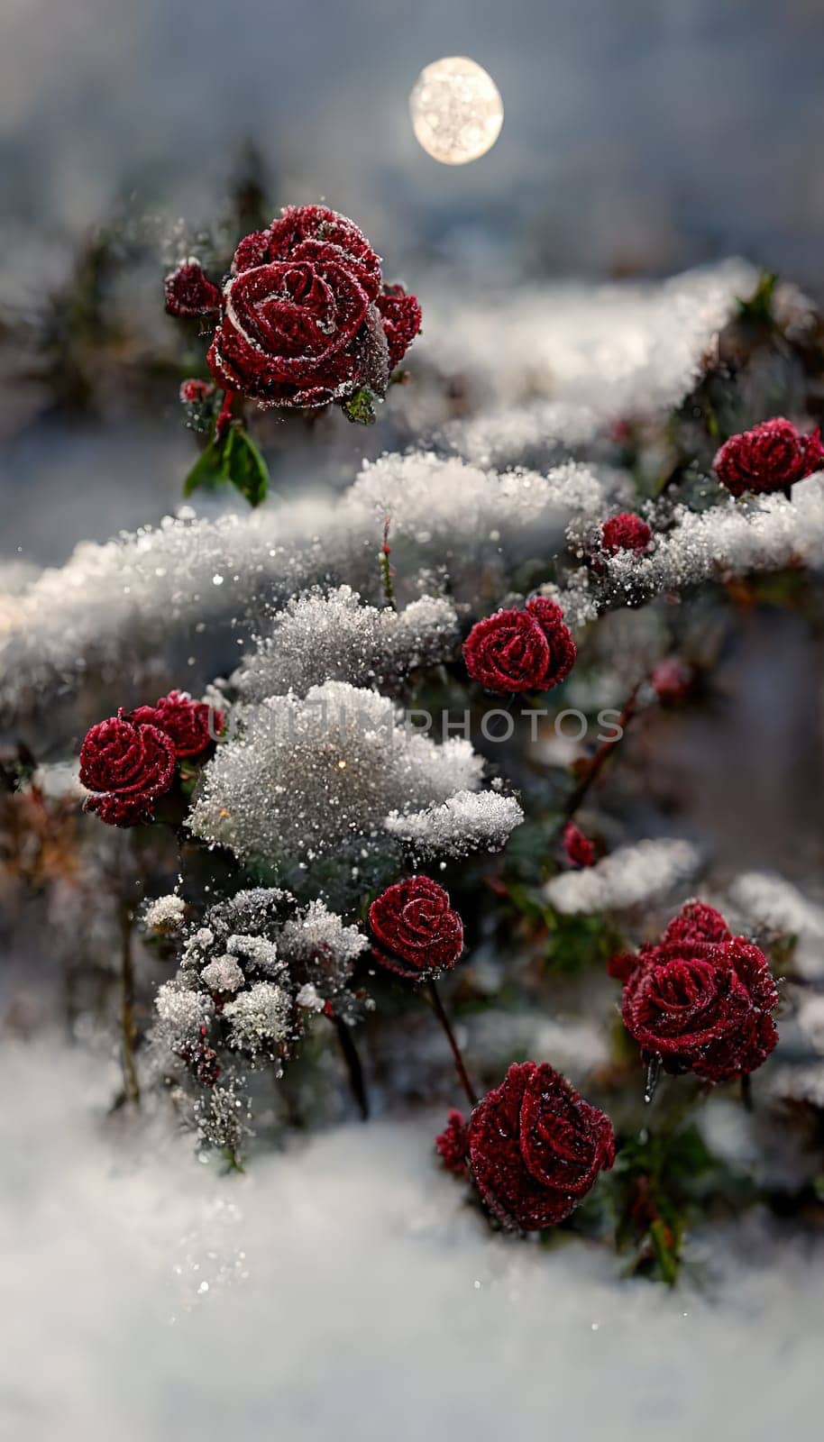 This stunning piece captures the delicate beauty of a red rose amidst a blanket of snow. The interplay of color and texture creates a serene and peaceful atmosphere. The image is generated with the use of an AI.