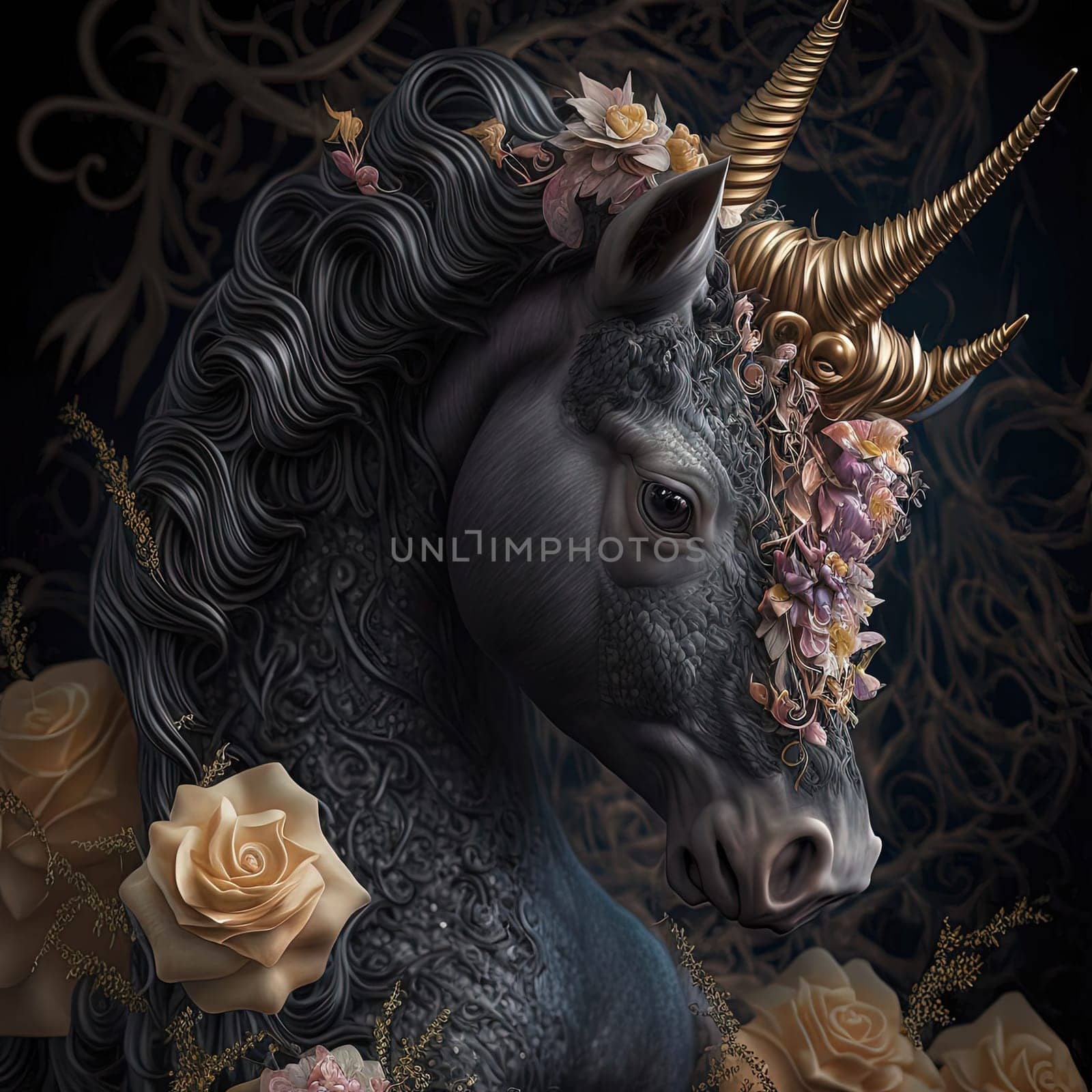 A beautiful grey unicorn stands gracefully among the blooming roses, showcasing its golden horn that shines bright against the gray background. The image captures the essence of magical wonder and grace. The image is generated with the use of an AI.