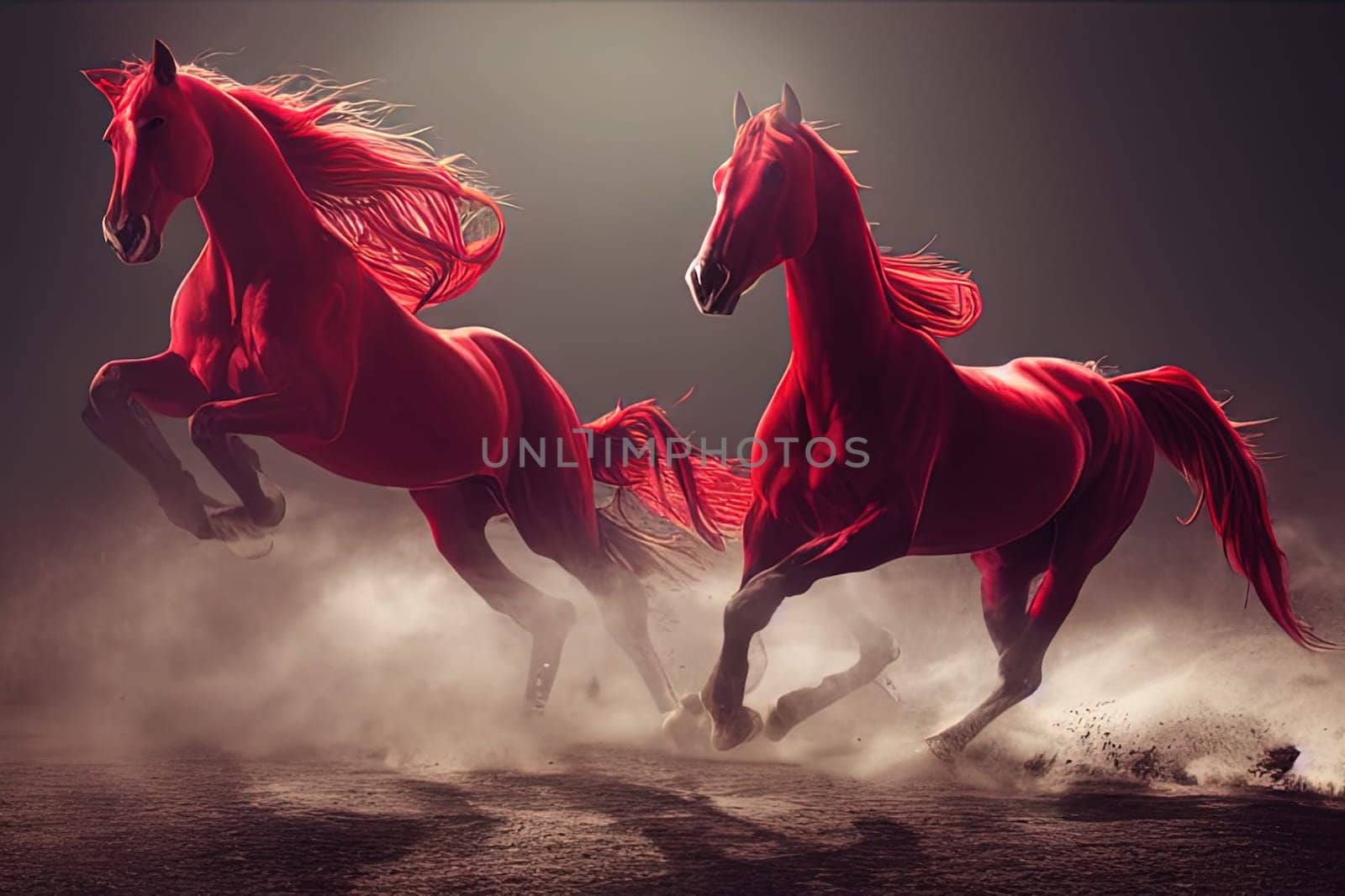 This painting captures the power and grace of two red horses as they run in a cloud of dust. The vibrant colors and dynamic brushstrokes convey the energy of their movement. The image is generated with the use of an AI.