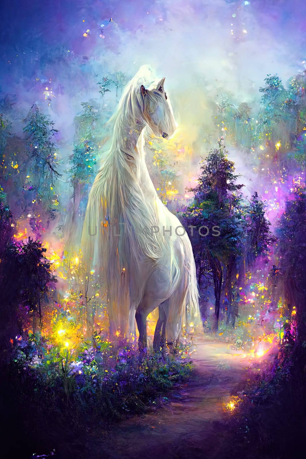 A majestic white horse stands in the midst of an enchanted forest, surrounded by towering trees and a blanket of snow. Its grace and beauty captivate the viewer, evoking a sense of wonder and magic. The image is generated with the use of an AI.