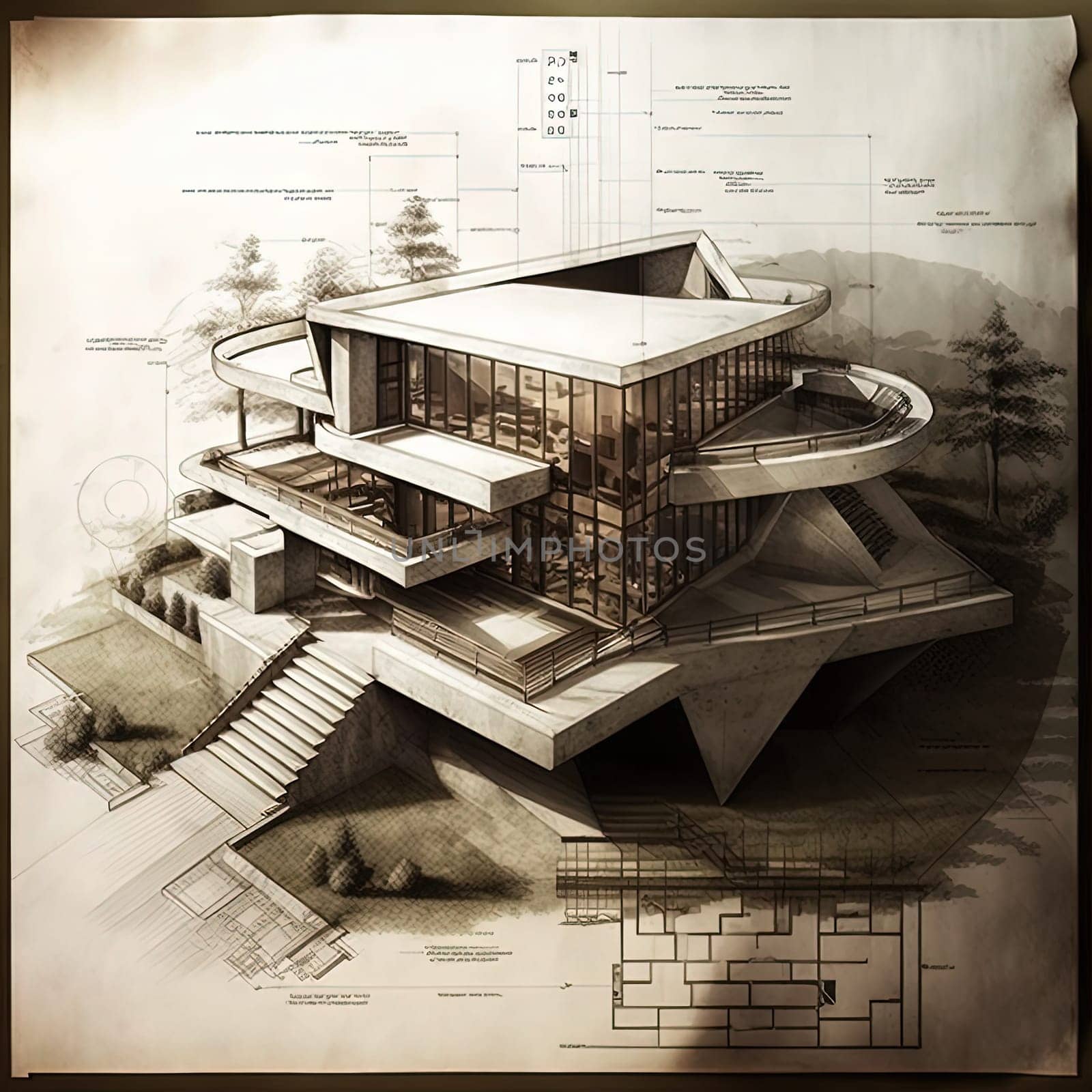 This digital art piece showcases the beauty and imagination of architectural design through an AI generated image. The intricate details and lines of the building's sketch come to life in a dreamy and surreal landscape. The image is generated with the use of an AI.