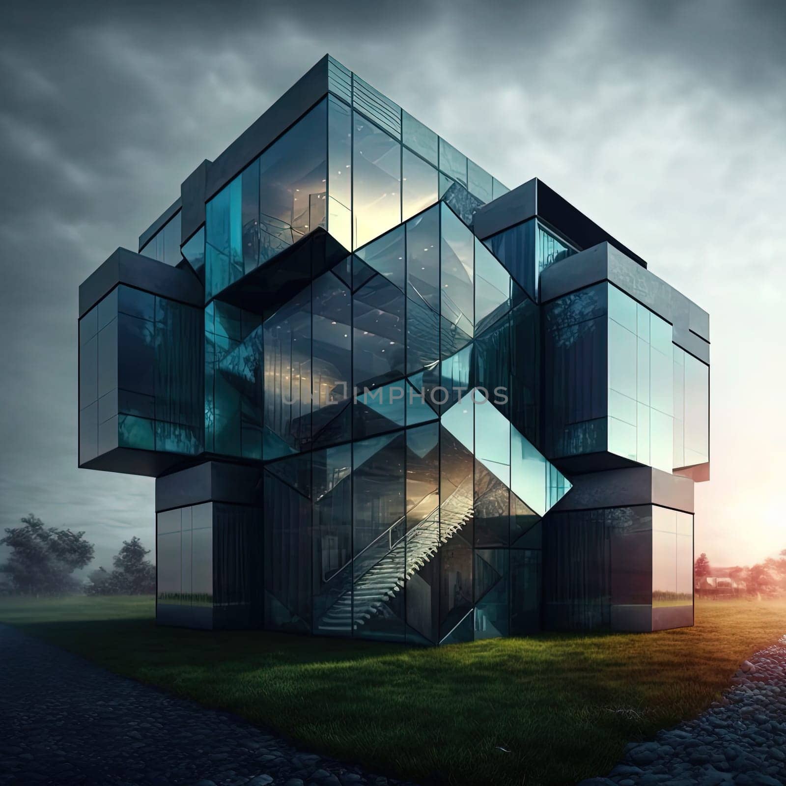This magnificent architectural photo captures a modern building with a stunning glass facade and beautiful interior design. The spacious windows bring an abundance of natural light into the space, creating a warm and inviting atmosphere. The image is generated with the use of an AI.