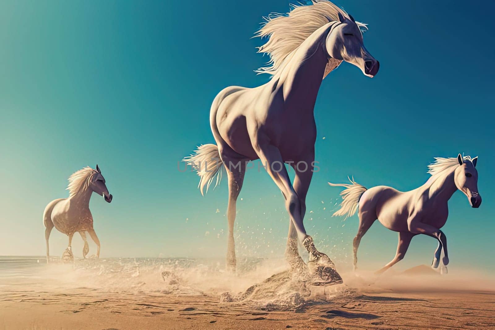 This stunning piece showcases the beauty and elegance of three Arabian horses as they stand amidst the rolling sands of the desert. The intricate details and lifelike texture bring the horses' grace and strength to the forefront. The image is generated with the use of an AI.