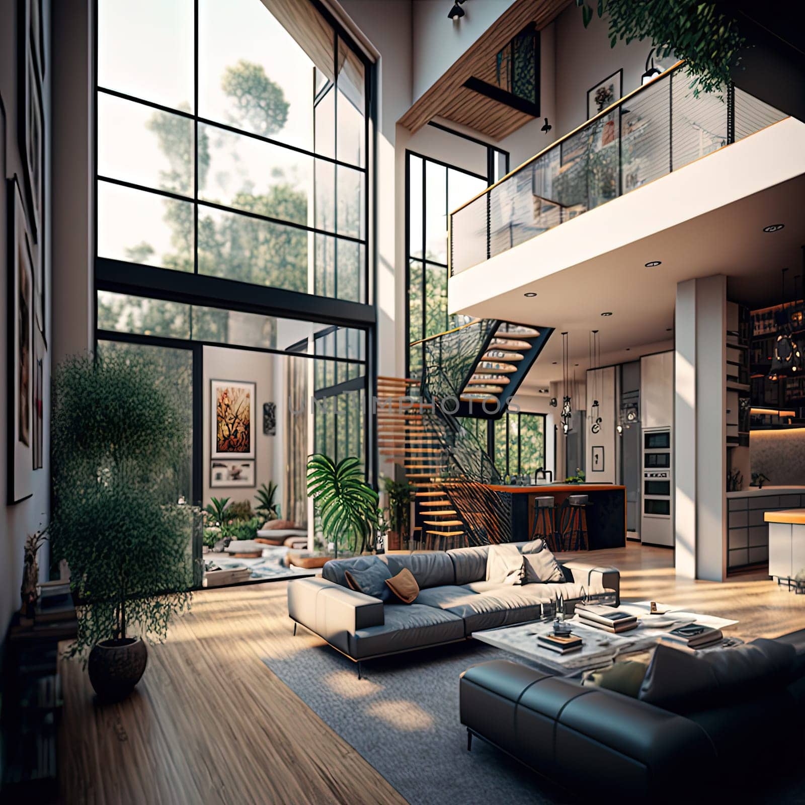 This digital artwork showcases the beauty of a modern, stylish interior. The use of light and color creates a visually stunning environment that embodies contemporary elegance. The image is generated with the use of an AI.