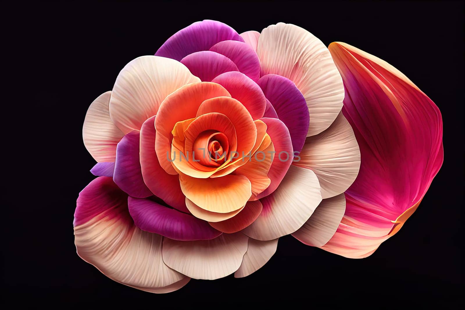 A stunning painting featuring a beautiful rose on a black background, with white, orange, and purple petals. The contrast of colors creates a mesmerizing visual experience. The image is generated with the use of an AI.