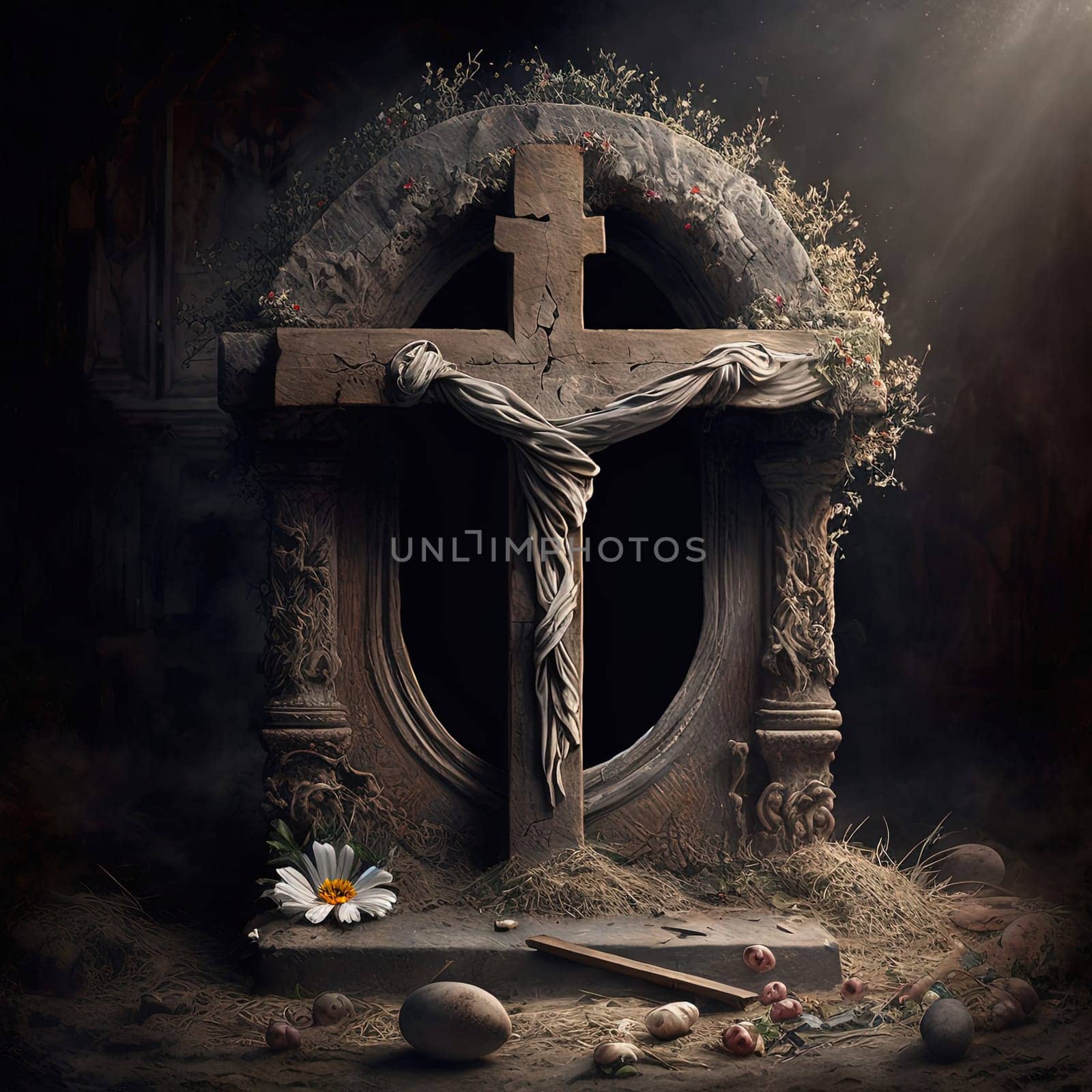 This striking painting depicts the solemn atmosphere of Good Friday with an altar as its centerpiece, surrounded by a hauntingly beautiful array of colors. The cross, the centerpiece of the altar, represents the ultimate sacrifice and is a powerful symbol of hope and renewal. The image is generated with the use of an AI.