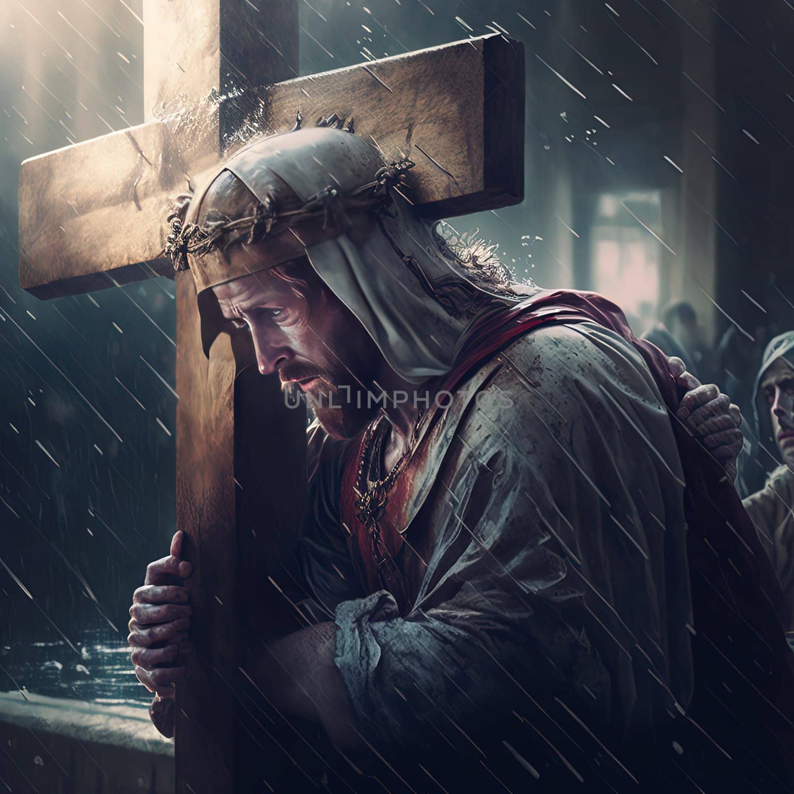 A man stands tall, holding a large cross, symbolizing strength and devotion during the holy day of Good Friday. The background is left blank, emphasizing the solitary figure and his unwavering faith. The image is generated with the use of an AI.