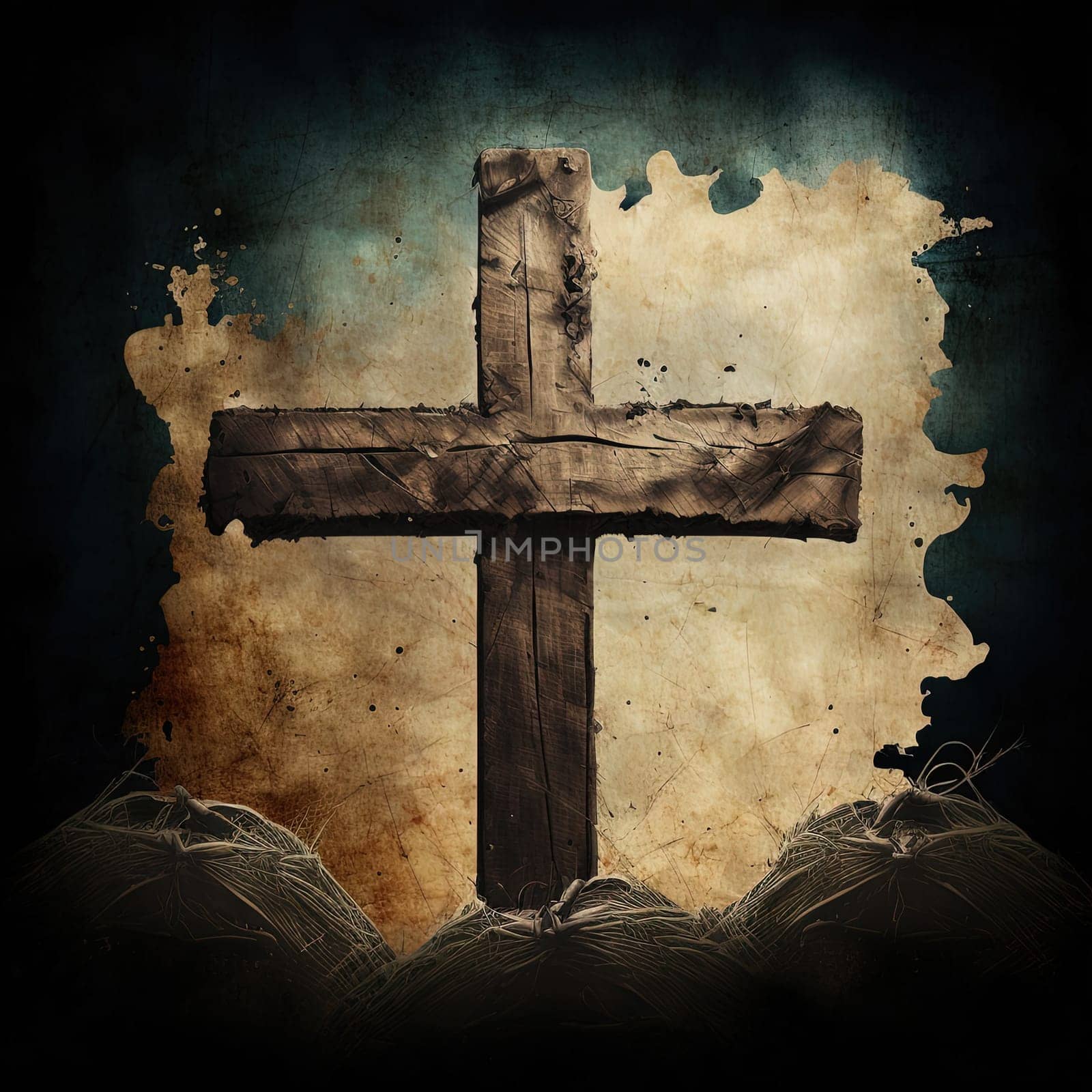 The painting depicts the silhouette of a wooden cross against a breathtaking sunrise. The cross stands tall on a hill, symbolizing hope and sacrifice. The image is generated with the use of an AI.