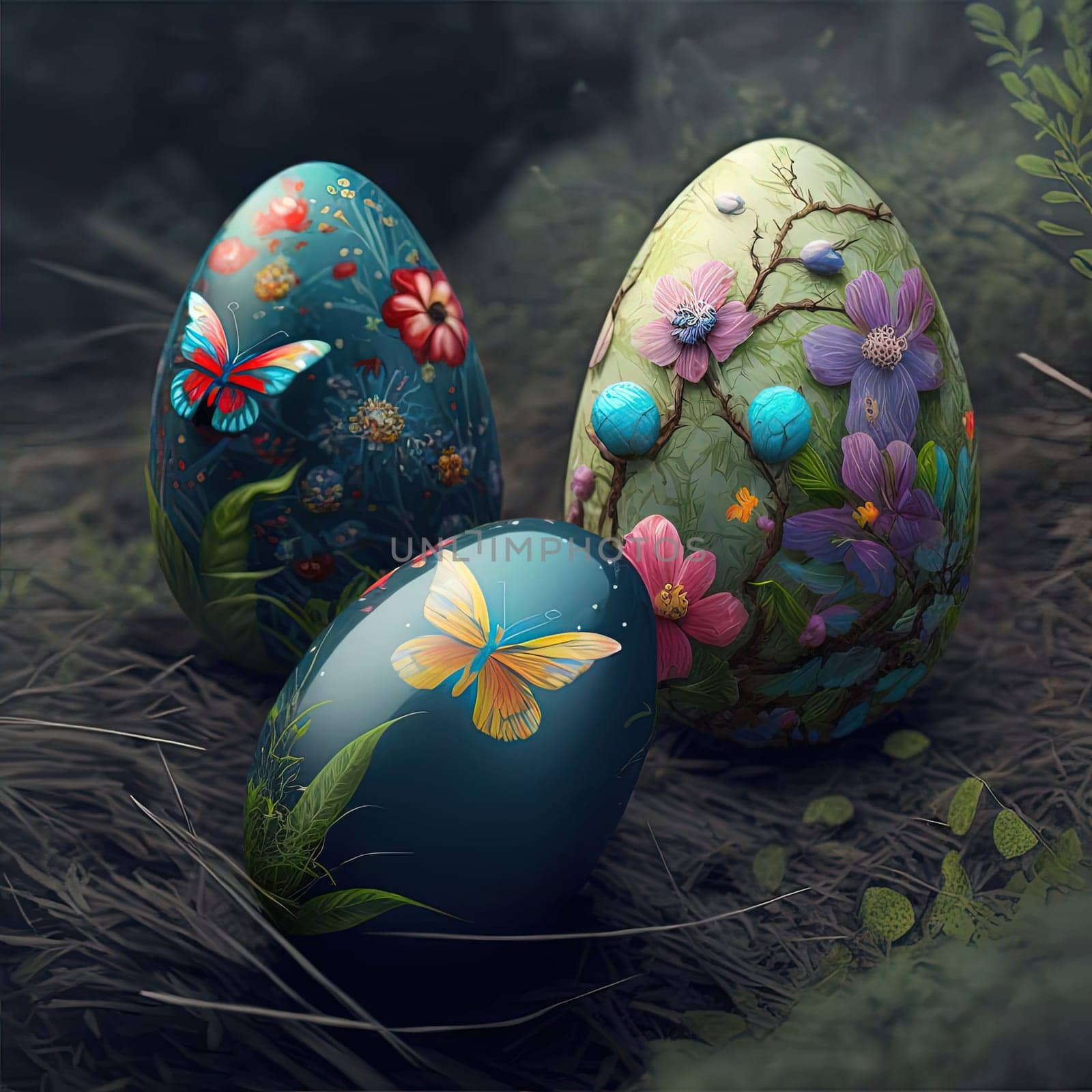 This mesmerizing piece captures the essence of Good Friday, with the focal point being three intricately designed Easter eggs. The intricate patterns and vibrant colors are a symbol of the Easter holiday and its joyous celebrations. The image is generated with the use of an AI.