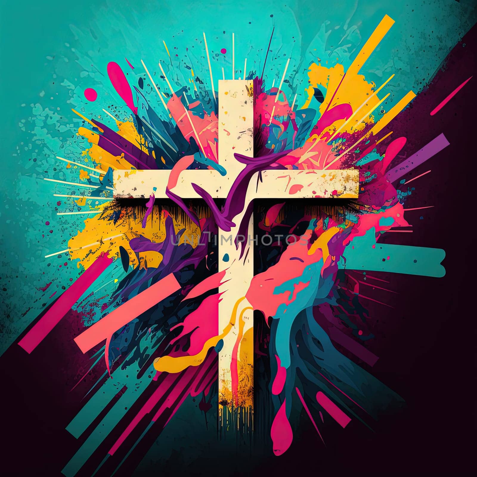 This digital artwork captures the essence of Good Friday and the importance of the cross in Christian beliefs. The wooden cross is painted in vibrant colors, symbolizing hope, renewal, and the triumph of the human spirit. The image is generated with the use of an AI.