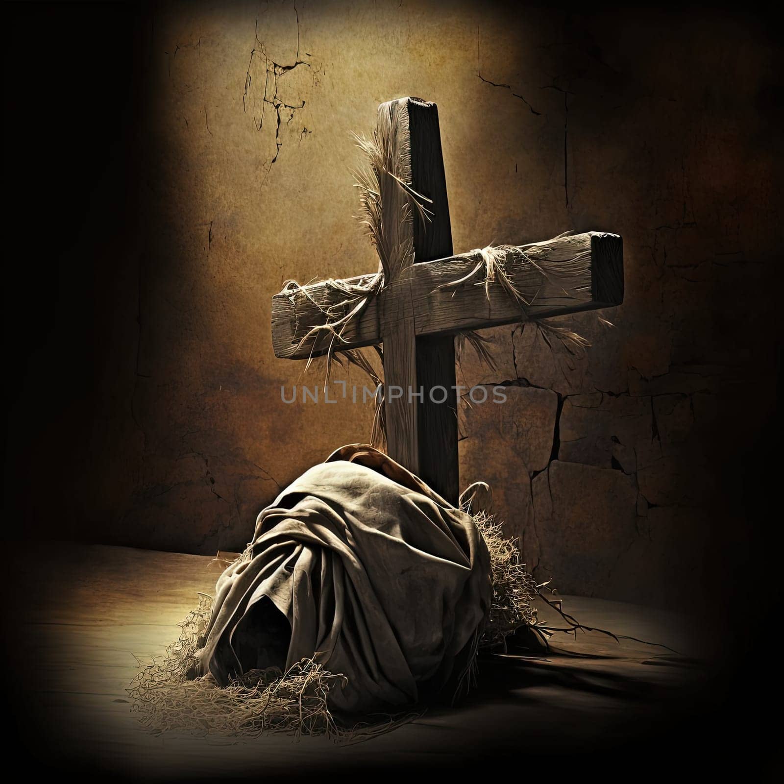 This beautiful digital artwork captures the essence of Good Friday through the use of bright, bold colors and intricate detailing. The cross and the robes are depicted in a dramatic and eye-catching manner, making the image truly memorable. The image is generated with the use of an AI.