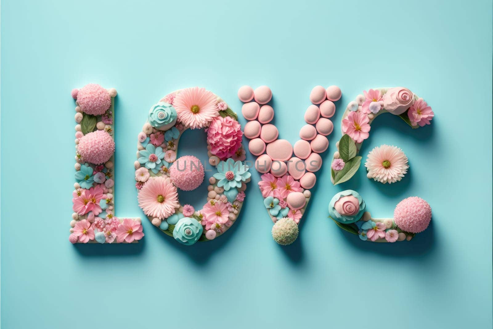 The word love decorated with pastel flowers and leavwes. Soft pastel blue background. Floral love decoration. Generative AI