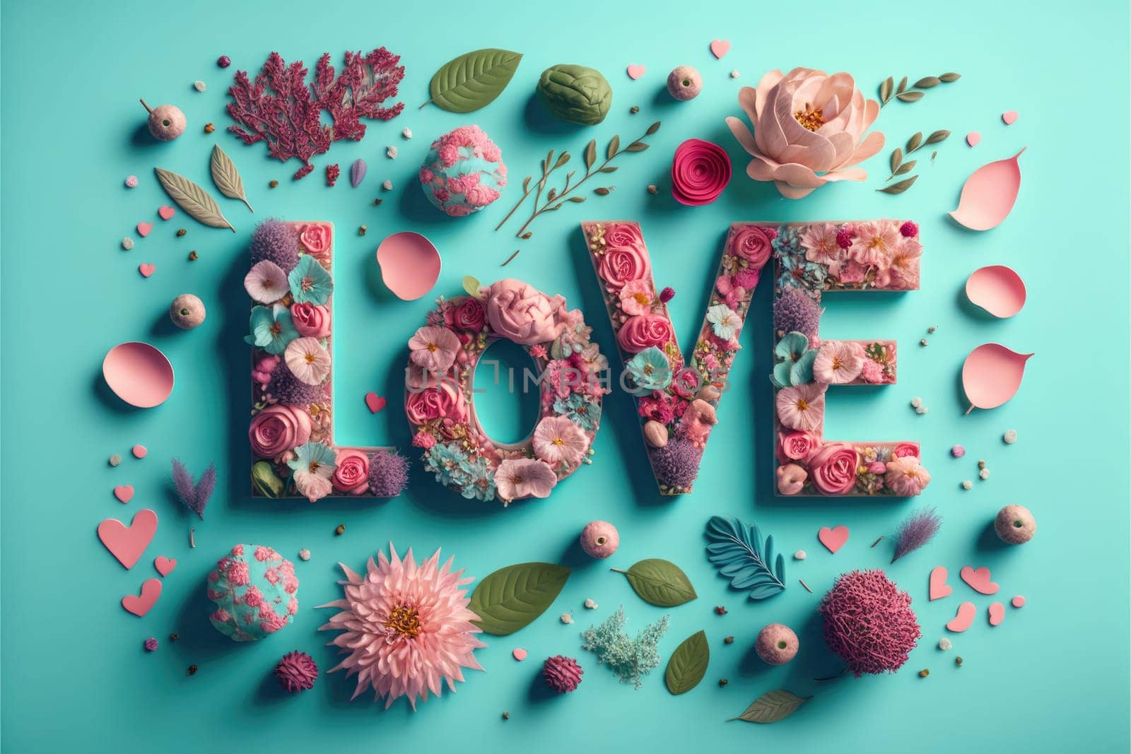 The word love decorated with pastel flowers and leavwes. Soft pastel blue background. Floral love decoration. Generative AI